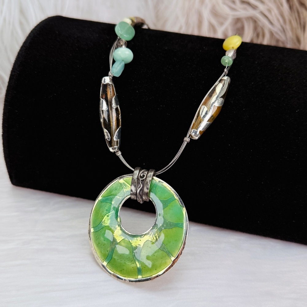 Vintage Green and Silvertone bohemian chic Pendant Necklace